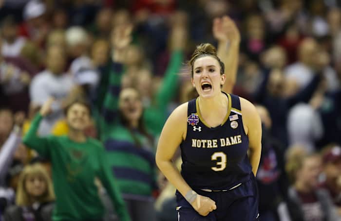 Notre Dame Fighting Irish guard Marina Mabrey celebrates after a made shot.
